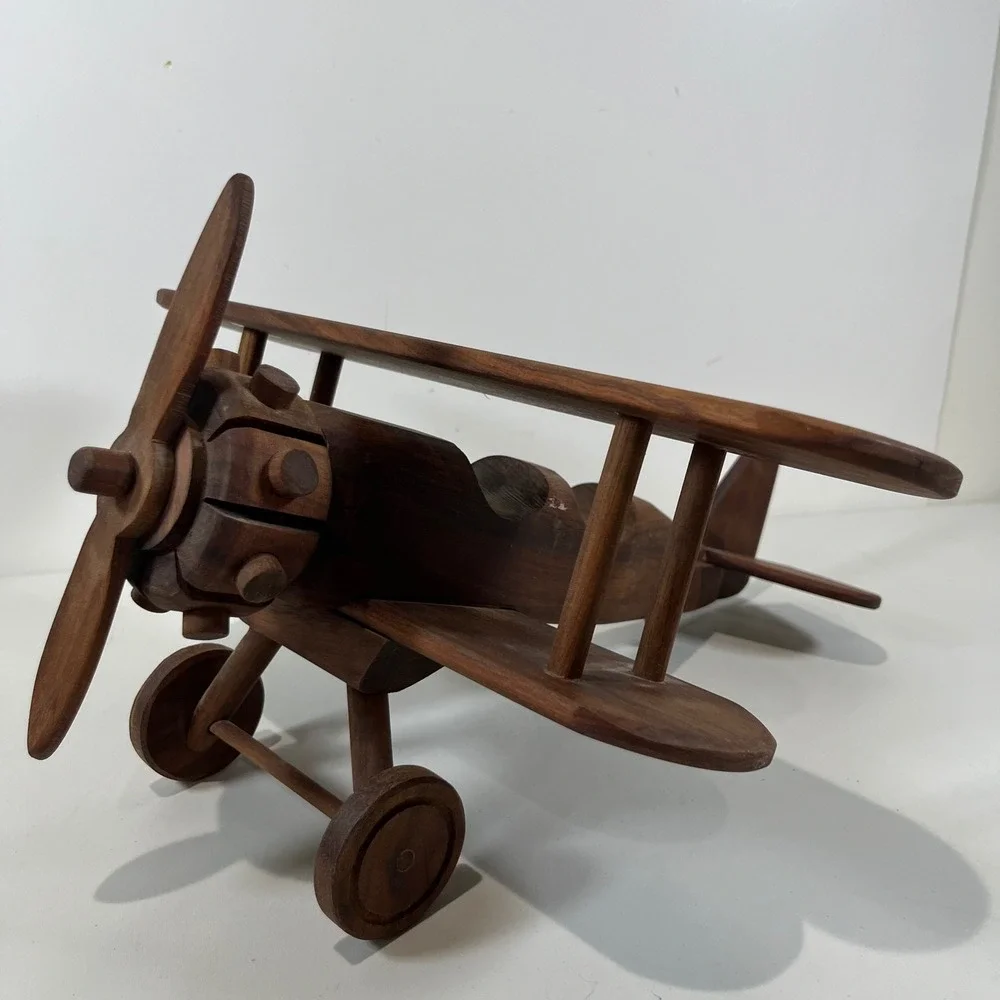 Vtg Wood Biplane Model Airplane Handcrafted Wood Decor Aviator MCM Collectible